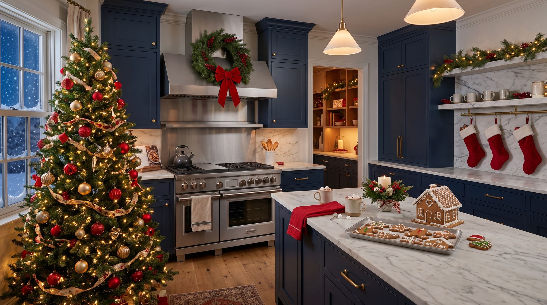 Christmas kitchen with a decorated tree, a wreath on the range hood, stockings and gingerbread cookies