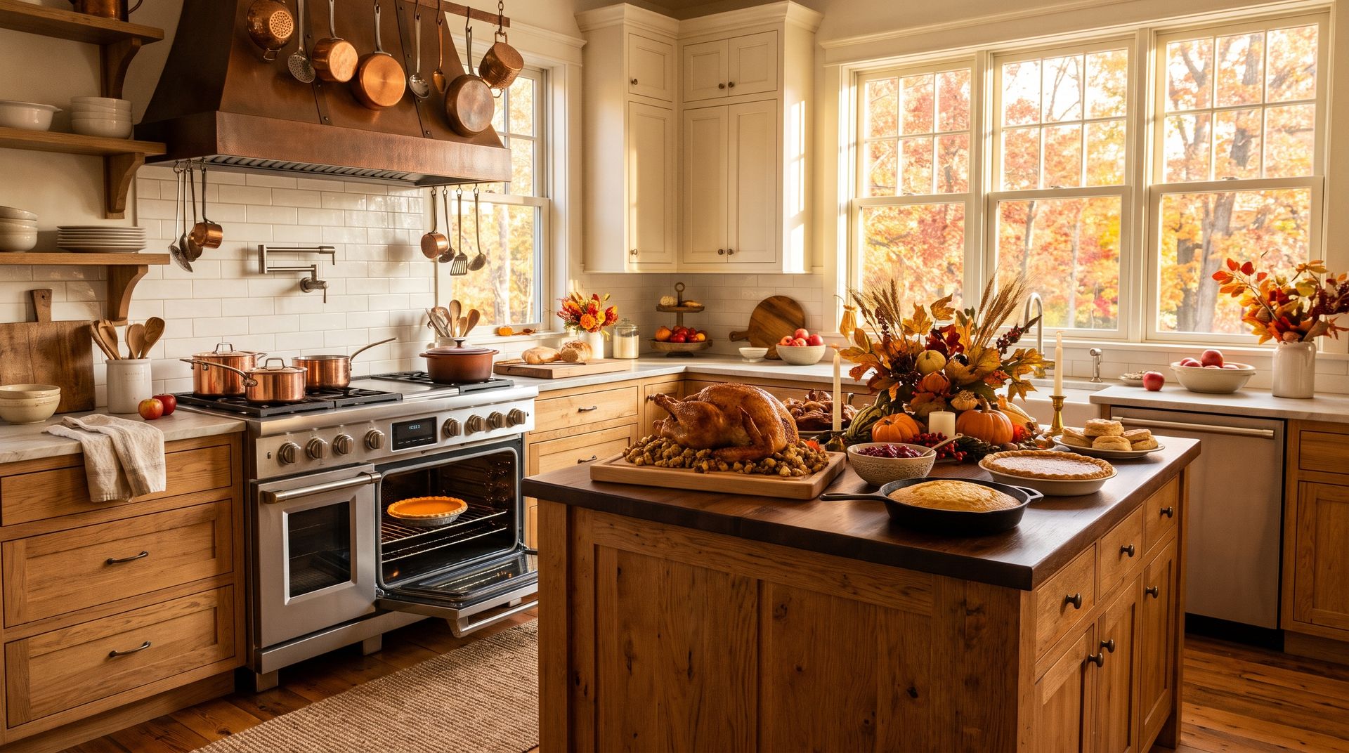 Thanksgiving kitchen with a roast turkey and pies on the island and a pie baking in the 48-inch range